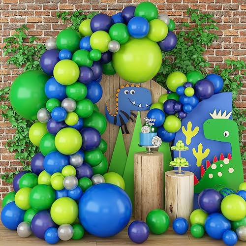 Ballon Girlande Blau Grün, 102 Stück Marineblau Dunkelgrün Luftballon Girlande mit Perle Metallic Silber Luftballons, Dunkelblau Grün Latex Helium Party Ballons für Dschungel Dino Geburtstag Deko von Paeyeq