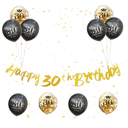 Banner mit Aufschrift "Happy 30th Birthday", 12 Stück, goldfarbene Wimpelkette zum 30. Geburtstag, Konfetti, Helium-Latex-Luftballons für Männer, 30. Geburtstag, Party-Dekorationen von Paeyeq
