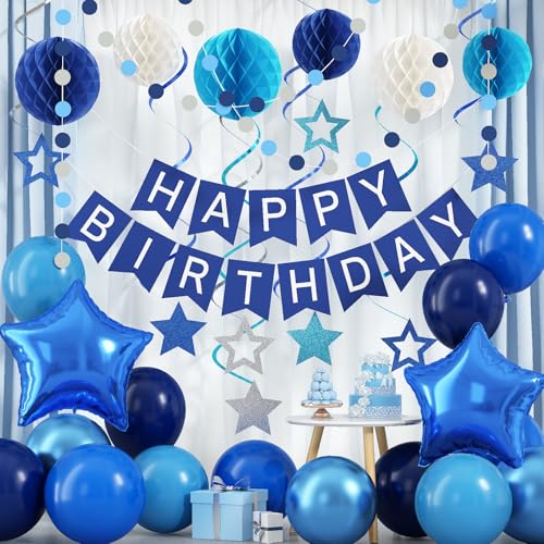 Blau Geburtstag Dekorationen, Happy Birthday Banner mit Blau Luftballons, Wabenbälle, Sterne Hängende Wirbel Luftschlangen, Kreis Punkte Girlande, Happy Birthday Party Dekorationen für Männer Jungen Blau Geburtstag Dekorationen, Happy Birthday Banner mit Blau Luftballons, Wabenbälle, Sterne Hängende Wirbel Luftschlangen, Kreis Punkte Girlande, Happy Birthday Party Dekorationen für Männer Jungen von Paeyeq