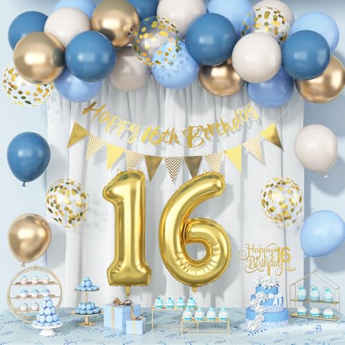 Dekoration zum 16. Geburtstag, für Jungen, Männer, Mädchen, goldblau, Happy 16th Birthday-Banner, helles Gold, Zahl 16, Folienballons, Hintergrund und Tortenaufsatz, 16 Jahre alt, HBD Partyzubehör Dekoration zum 16. Geburtstag, für Jungen, Männer, Mädchen, goldblau, Happy 16th Birthday-Banner, helles Gold, Zahl 16, Folienballons, Hintergrund und Tortenaufsatz, 16 Jahre alt, HBD Partyzubehör von Paeyeq