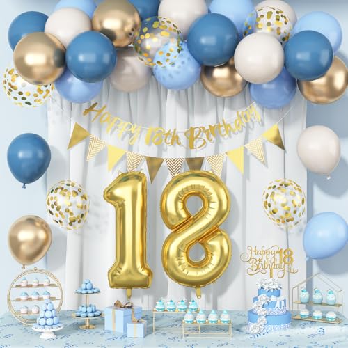 Dekoration zum 18. Geburtstag, für Jungen, Männer, Mädchen, goldblau, "Happy 18th Birthday"-Banner, hellgold, Zahl 18, Folienballons, Hintergrund und Tortenaufsatz, 18 Jahre altes HBD-Partyzubehör Dekoration zum 18. Geburtstag, für Jungen, Männer, Mädchen, goldblau, "Happy 18th Birthday"-Banner, hellgold, Zahl 18, Folienballons, Hintergrund und Tortenaufsatz, 18 Jahre altes HBD-Partyzubehör von Paeyeq