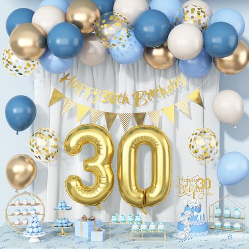 Dekoration zum 30. Geburtstag, für Jungen, Männer, Mädchen, goldblau, "Happy 30th Birthday"-Banner, hellgold, Zahl 30, Folienballons, Hintergrund und Tortenaufsatz, 30 Jahre altes HBD-Partyzubehör Dekoration zum 30. Geburtstag, für Jungen, Männer, Mädchen, goldblau, "Happy 30th Birthday"-Banner, hellgold, Zahl 30, Folienballons, Hintergrund und Tortenaufsatz, 30 Jahre altes HBD-Partyzubehör von Paeyeq