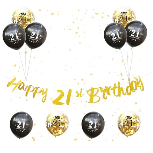 Dekorationsset zum 21. Geburtstag, Schwarz Gold, 12 Stück goldene Wimpelkette zum 21. Geburtstag, Wimpelkette mit 30,5 cm "Happy 21st Birthday", Konfetti, Helium-Latex-Luftballons für den 21. von Paeyeq
