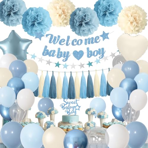 Dusty Blue Baby Shower Dekorationen für Jungen, Willkommen Baby Boy Banner Schiefer Hellmetallisch Blau Weiß Sand Latex Ballons mit Pom Poms Cake Topper Quaste für Boho Geburtstag Geschlecht von Paeyeq