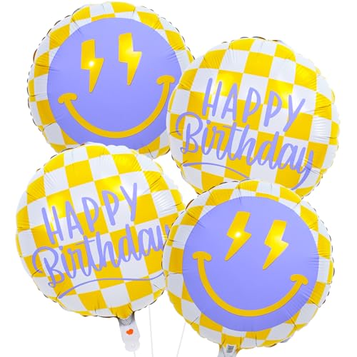 Folienballons mit lächelndem Gesicht, 45,7 cm, Gelb / Weiß kariert, lächelndes Gesicht mit Blitzaugen, Mylar-Helium, runder Ballon für Teenager, Jungen, Mädchen, One Happy Cool Dude, Geburtstag von Paeyeq