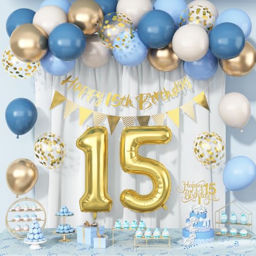 Geburtstagsdekorationen zum 15. Geburtstag, für Jungen, Männer, Mädchen, goldblau, Happy 15th Birthday-Banner, helles Gold, Zahl 15, Folienballons, Hintergrund und Tortenaufsatz, 15 Jahre alt, HBD Geburtstagsdekorationen zum 15. Geburtstag, für Jungen, Männer, Mädchen, goldblau, Happy 15th Birthday-Banner, helles Gold, Zahl 15, Folienballons, Hintergrund und Tortenaufsatz, 15 Jahre alt, HBD von Paeyeq