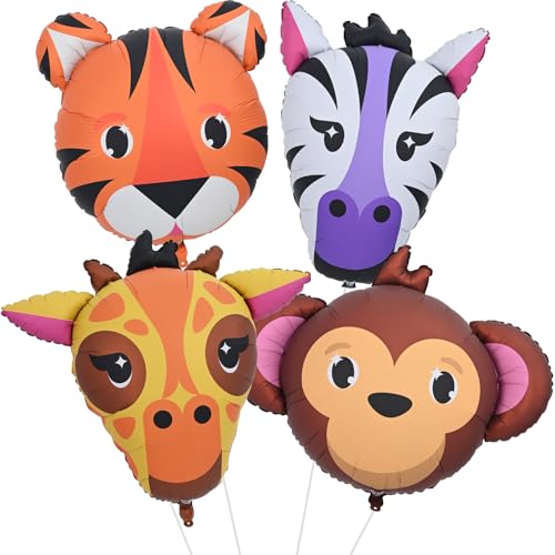 Großes Safari-Tier-Ballon-Set (58,4 - 86,4 cm), 4 Stück, bunte Tiger-Giraffe, Zebra-Affenkopf, Folienballons für Kinder, Jungen, Dschungel, Safari, wild, Geburtstag, Zoo, Wald, Motto Babyparty von Paeyeq