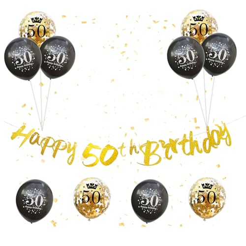 "Happy 50th Birthday"-Banner, 12 Stück, Schwarz / Gold, 50. Geburtstag, Dekorationsset mit "Happy 50th Birthday"-Banner, Wimpelkette, 30,5 cm, Konfetti-Luftballons für 50. Geburtstag, Partyzubehör von Paeyeq