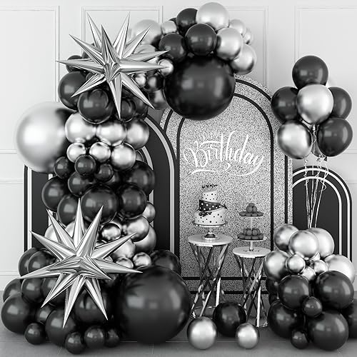Paeyeq Schwarz Silber Ballon Girlande mit Metallic Silber Explosionsstern Folienballons, Schwarz und Silber Helium Latex Party Ballons für Geburtstag Partydekoration Paeyeq Schwarz Silber Ballon Girlande mit Metallic Silber Explosionsstern Folienballons, Schwarz und Silber Helium Latex Party Ballons für Geburtstag Partydekoration von Paeyeq