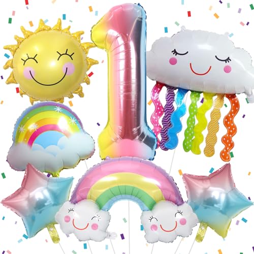 Luftballon Regenbogen Deko 1. Geburtstag Mädchen, Regenbogen Sonne Folie Luftballons, Regenbogen Sterne und Zahl 1 Folienballon für 1 Jahr Mädchen Geburtstagsdeko Regenbogen Kindergeburtstag Deko von Paeyeq