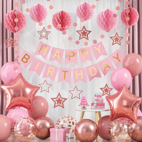 Rose Gold Geburtstag Dekorationen, Rosa Happy Birthday Banner mit Luftballons, Wabenbälle, Sterne hängende Wirbel Luftschlangen, Kreis Punkte Girlande, Happy Birthday Party Dekorationen für Frauen Rose Gold Geburtstag Dekorationen, Rosa Happy Birthday Banner mit Luftballons, Wabenbälle, Sterne hängende Wirbel Luftschlangen, Kreis Punkte Girlande, Happy Birthday Party Dekorationen für Frauen von Paeyeq