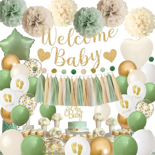 Salbeigrün Babyparty Dekorationen, Willkommen Baby Banner Olivgrün Gold Weiß Sand Konfetti Latex Folienballons mit Oh Baby Cake Topper Pom Poms Quasten für Boho Neutral Geschlecht Enthüllung Party Salbeigrün Babyparty Dekorationen, Willkommen Baby Banner Olivgrün Gold Weiß Sand Konfetti Latex Folienballons mit Oh Baby Cake Topper Pom Poms Quasten für Boho Neutral Geschlecht Enthüllung Party von Paeyeq