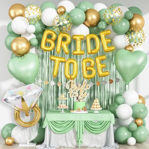 Salbeigrüne Junggesellinnenabschied-Dekorationen, Bride To Be Mylar-Folie, Buchstabenballons mit weißgoldenen Luftballons und Fransenvorhängen für Brautparty, Dekoration, Verlobung von Paeyeq