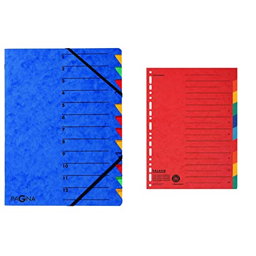 Pagna Ordnungsmappe Easy (Sammelmappe, 12 Fächer, 1-12) blau, 1 Stück & Original Falken Karton-Register überbreit für DIN A4+ 24,5 x 30 cm volle Höhe von Pagna
