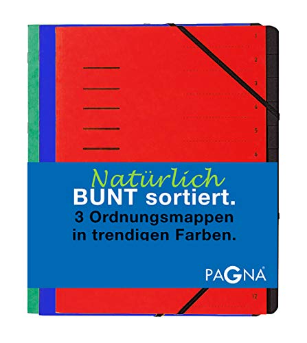 Pagna Ordnungsmappenset 12 Fächer Basic sortiert, Set mit 3 Stück, rot, blau, grün von Pagna
