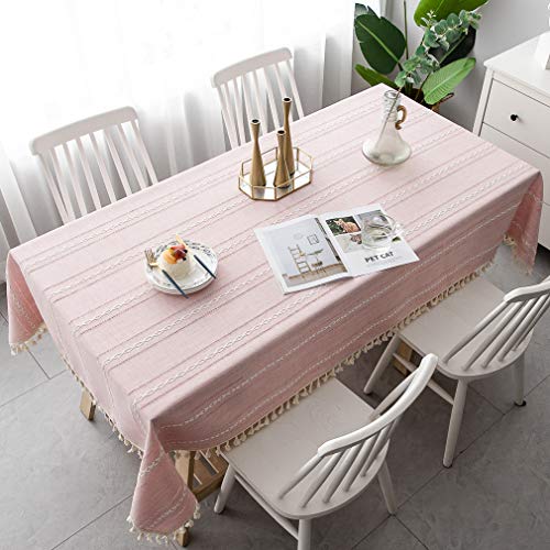 Pahajim Baumwolle Leinen Elegante Tischdecke Waschbare Küchentischabdeckung für Speisetisch Picknick-Party Tischdecke(Streifen - pink, Rechteckig/Oval, 140 x 180 cm) von Pahajim