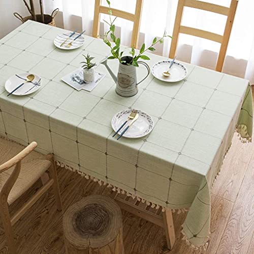 Pahajim Tischdecke Quaste Baumwolle Leinen Elegante Tischdecke waschbare Küchentischabdeckung für Speisetisch (Gitter Grün, Rechteckig/Oval, 140 x 200 cm, 4-6 sitzes) von Pahajim