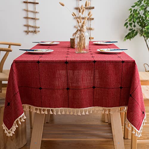 Pahajim Tischdecke Quaste Baumwolle Leinen Elegante Tischdecke waschbare Küchentischabdeckung für Speisetisch (Gitter Rot, Quadrat, 140 x 140 cm, 4 sitzes) von Pahajim