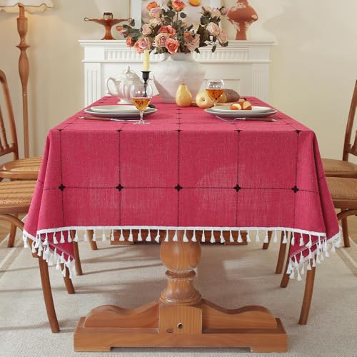 Pahajim Tischdecke Quaste Baumwolle Leinen Elegante Tischdecke waschbare Küchentischabdeckung für Speisetisch (Gitter Rot, Quadrat, 140 x 140 cm, 4 sitzes) von Pahajim