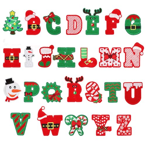 26 Stück Weihnachts-Alphabet-Aufnäher zum Aufbügeln, A-Z, dekorative Buchstaben, niedliche Cartoon-Alphabete, bestickte Stoffapplikation, Aufnäher, zum Aufbügeln von Paictheix