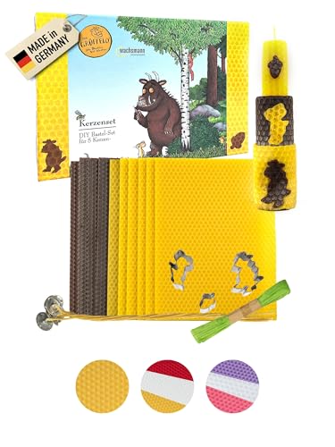 Der Grüffelo Bienenwachs-Kerzen selber Machen, 5-7 Stück - DIY Kerzen Bastel-Set - Kerzen basteln mit Bienenwachs-Platten aus Deutschland + Dochte, Deko-Band & Ausstechformen von Wachsmann