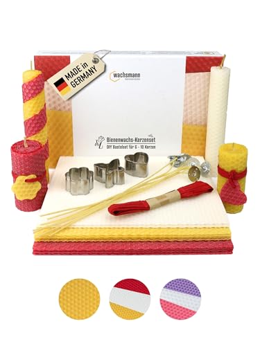 Wachsmann Bienenwachs-Kerzen selber Machen, 10 - DIY Kerzen Bastel-Set - mit Hanfdochten - Bienenwachs-Platten aus Deutschland - mit Zubehör von Wachsmann