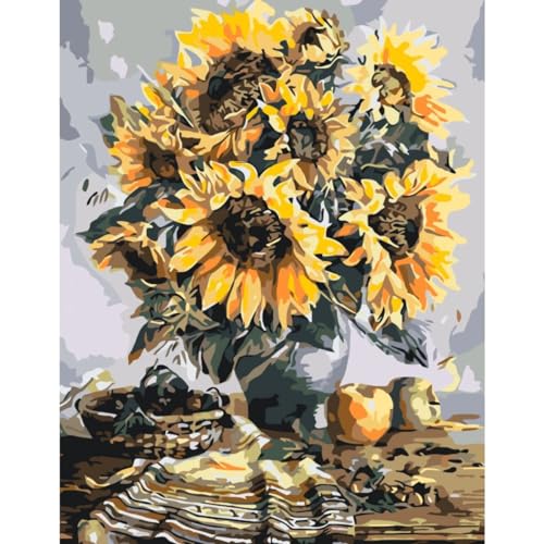 Painteree DIY Set | Malen nach Zahlen Erwachsene | Sonnenblumenstrauß Herbst | Eingerahmt auf einem Holzrahmen mit Pinsel und Acrylfarben Set von Painteree