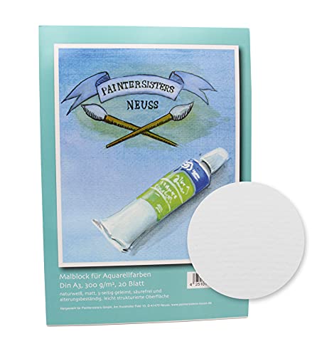 Paintersisters® Malblock A3, 20 Blatt für Aquarellfarben, Block mit strukturiertem Papier 300g/m², naturweiß und matt, säurefrei von Paintersisters