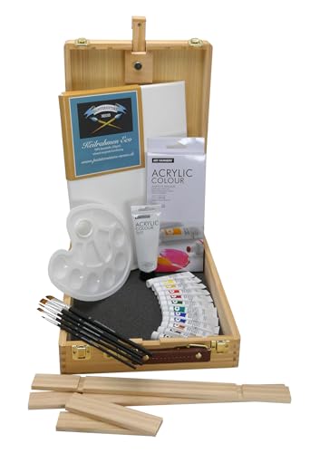 Paintersisters® Malset LUCA – Künstlerkoffer aus FSC®-Kiefernholz mit Tischstaffelei, 12×12 ml Acrylfarben, 75 ml Titanweiß, Pinselset, Mischpalette & Leinwand 25×35 cm – Komplettset für Einsteiger von Paintersisters