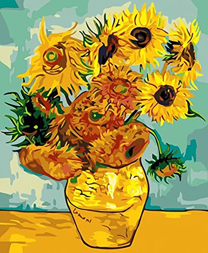 Malen nach Zahlen für Erwachsene Kinder DIY Ölgemälde 50x40cm mit Rahmen Vase Sonnenblumen Blumen von Painting