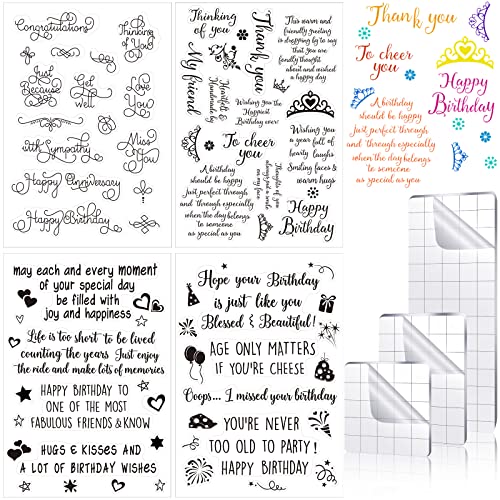 4 Blatt Sentiments Gummi-Stempel-Set, dekorative transparente Stempel für Kartenherstellung und 3 Acryl-Stempelblöcke mit Rasterlinie, Happy Clear Birthday Stempel, Gummi-Stempel, Bastelbedarf für DIY von Pajean
