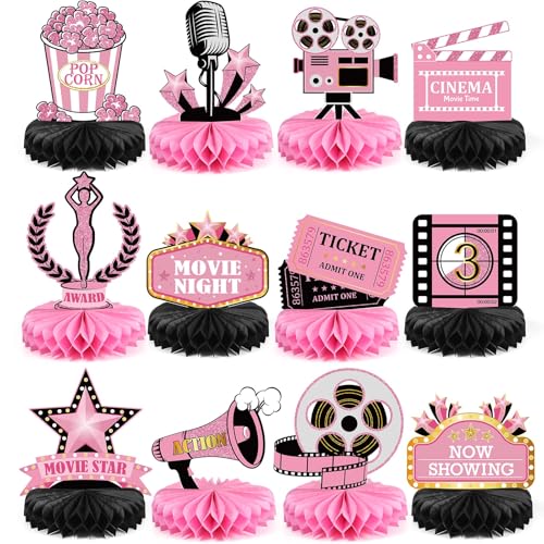 Pajean 12 Stück Filmabend Party Dekorationen Supplies Kino Tafelaufsatz Wabenmuster 3D Ticket Popcorn Stern Tischdekoration für Geburtstagsparty Gastgeschenke (Rosa) von Pajean