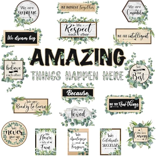 Pajean 21 Stück Amazing Things Happen Here Bulletin Board Set Eukalyptus Classroon Dekoration Inspirierende Pinnwand Ausschnitte für Schulanfang Klassenzimmer Home Wall Decoration von Pajean