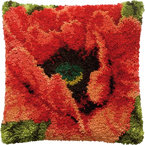 Pako Knüpfhaken-Set Red Flower - Kissenbezug - Bedruckter Stoff - Häkelhaken-Set - DIY-Kissenstickerei - 40 x 40 cm von Pako