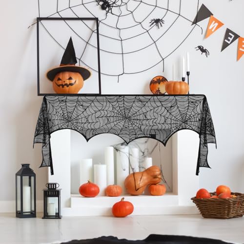 Halloween Tischdecke, Schwarz Spitze Spinnennetz Kamin Abdeckung, Platzdeckchen Deko Für Geisterhaus Horrorfilm Abend Süßes Oder Saures Buffet von Palaufr