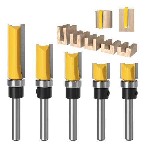 Palwin 5 Stück Bündigfräser Kugellager Oben, Bündigfräser 6,35mm Schaft, Kanten Kopierfräser mit Kugellager, Ent Bündigfräser, Nutfräser Stabfräser für Holz Fräser Schneiden Nutfräsen, Ø 12,7 mm von Palwin