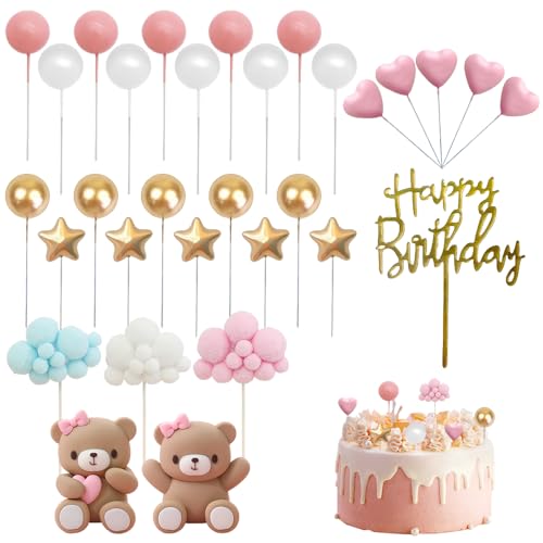 Palwin Tortendeko Kit, 31 Stück Bär Kuchen Topper, Mini Ballons Kuchen Deko, Happy Birthday Kuchen Dekoration, Cupcake Topper mit Sterne und Liebesor, Bär Baby Dusche Party Supplies von Palwin