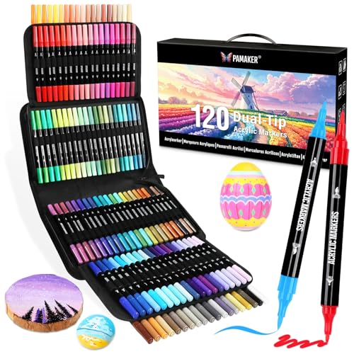 120 Farben Acrylstifte Set – Doppelseitige Spitzen, Multimarker für Steine, Holz, Stoff, Leinwand, Glas, Keramik in Stofftasche – Vielseitige Acrylfarben für Künstler & DIY Projekte von Pamaker