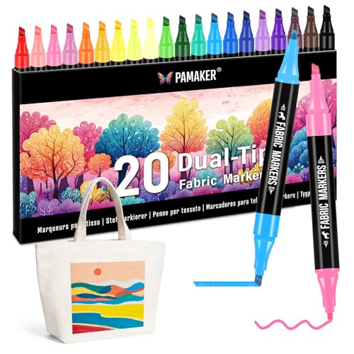 20 Textilstifte Dual Tip – Waschmaschinenfest und Permanent für T-Shirts, Stofftaschen, Schuhe und mehr – Ungiftig, ideal für Kinder und Erwachsene von Pamaker