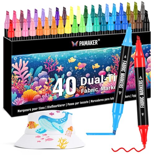 40 Textilstifte Dual Tip – Waschmaschinenfest und Permanent für T-Shirts, Stofftaschen, Schuhe und mehr – Ungiftig, ideal für Kinder und Erwachsene von Pamaker