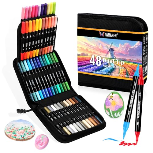 48 Farben Acrylstifte Set – Doppelseitige Spitzen, Multimarker für Steine, Holz, Stoff, Leinwand, Glas, Keramik in Stofftasche – Vielseitige Acrylfarben für Künstler & DIY Projekte 48 Farben Acrylstifte Set – Doppelseitige Spitzen, Multimarker für Steine, Holz, Stoff, Leinwand, Glas, Keramik in Stofftasche – Vielseitige Acrylfarben für Künstler & DIY Projekte von Pamaker