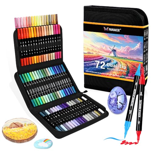 72 Farben Acrylstifte Set – Doppelseitige Spitzen, Multimarker für Steine, Holz, Stoff, Leinwand, Glas, Keramik in Stofftasche – Vielseitige Acrylfarben für Künstler & DIY Projekte von Pamaker