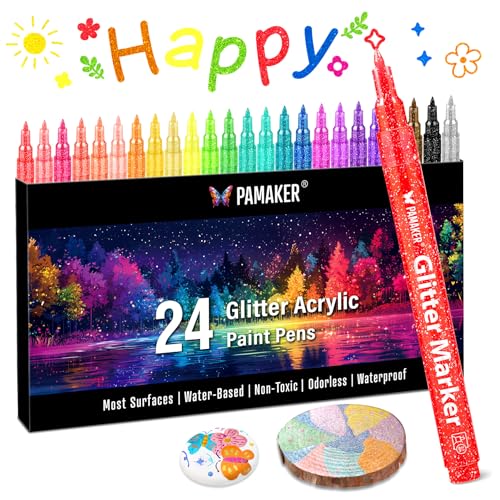 Pamaker 24 Farben Glitzer Acrylstifte – 0，7mm Extra Feine Spitze, Glitzer Filzstifte auf Wasserbasis für Basteln, Karten, Holz, Glas, Steine & DIY Kunstprojekte von Pamaker
