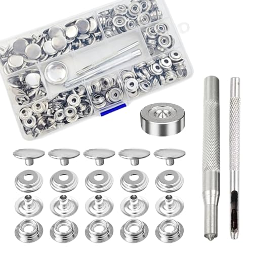 Pamtns Druckknopf Nieten 200 Stück Metall Druckknopf Set Canvas Snap Fastener Kit 15mm Canvas Snap Button Druckknöpfe Edelstahl Button Edelstahl Presse mit 3 Einstellungswerkzeuge für Kleidung DIY von Pamtns