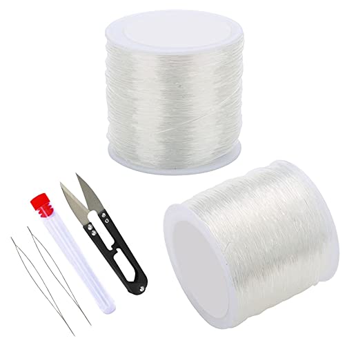 Pamtns Elastic Cord Beading 2 Stück Perlenfaden Nylonfaden Elastisch Durchsichtiger Faden Elastischer Schmuckfaden 0,5 mm Gummiband Armband mit Schere und 2 Perlennadeln für Armband von Pamtns