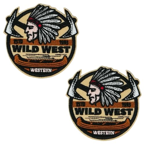 2 X Wild West Beil Patch zum Aufbügeln - 7 x 7 cm besticktes Westernabzeichen mit Federn, Tomahawks & Kanu - Cowboy Kostüm Patch für Jacken, Westen, Taschen & Basteln von Panda Loco