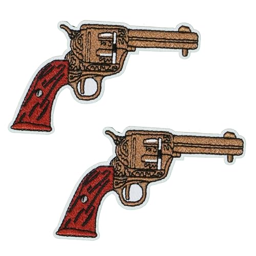 2 x Aufnäher zum Aufbügeln, Motiv: Wilder Westen Revolver – Vintage bestickte Cowboypistole für Jacken, Westen und Kostüme (7 x 4 cm) von Panda Loco