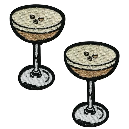2 x Espresso-Martini-Cocktail-Aufnäher zum Aufbügeln, bestickter Alkohol-Design, Abzeichen (5 x 7,5 cm), lustige Getränke-Themen-Applikation für Jacken, Denim, Bar-Uniformen, Taschen und Geschenke von Panda Loco