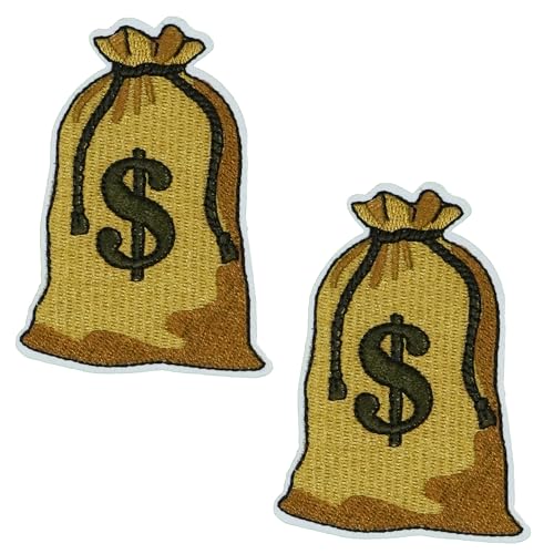 2 x Geldsack zum Aufbügeln – 8 x 5 cm Dollarzeichen Beutel-Stickerei Applikation – lustiger Geldaufnäher für Jacken, Taschen, Denim, Kostüme & DIY Handwerk von Panda Loco