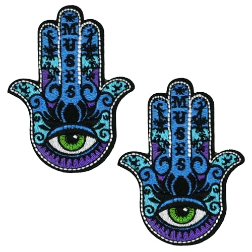 2 x Hamsa Hand der Fatima Bügelbild - 9 x 7 cm Allsehendes Auge bestickt Applikation - Mystisches Boho Symbol Patch für Jacken, Taschen, Denim, Handwerk & DIY Kleidung von Panda Loco